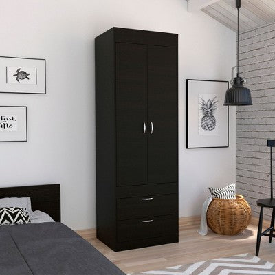CAVINAS Wardrobe Closet,Armoire Closet with Double Doors,2 Drawers,1 Integrated Hanging Rod,Metal Handles,Wardrobe for Bedrooms,Dressing Room