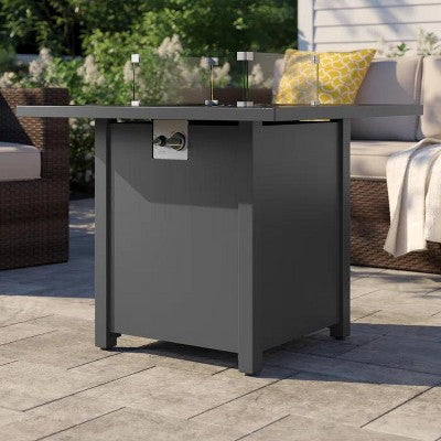 30" Powder-Coated Metal Outdoor Fire Pit Table with Smoked Glass and Lava Rocks