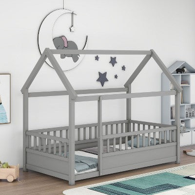CAVINAS Full Size Wood Montessori Bed,Modern Floor Bed with House Roof Frame and Fence Guardrails,Toddler Bed for Bedroom
