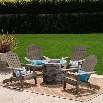 GDFStudio Jasper Outdoor Acacia Wood 5 Piece Adirondack Chair and Fire Pit Table Set