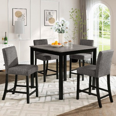Lyngins 5-Piece Modern Counter Height Dining Set – Square Wooden Dining Table & 4 Upholstered Chairs, Space-Saving for Small Kitchens & Dining Rooms