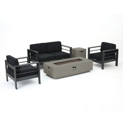 GDFStudio Crested Bay Outdoor Aluminum 4 Seater Chat Set with Light Gray Fire Pit