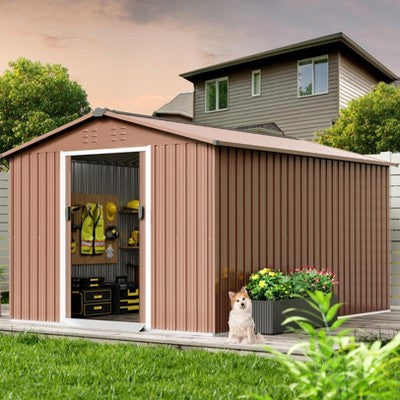 TROPOW 8x12 FT Outdoor Storage Shed, Metal Garden Shed with Lockable Door,and Sloped Roof, Utility Metal Tool Storage Sheds for Backyard, Brown