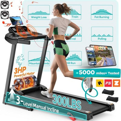 Folding Electric Treadmill for Home, Compact Running Machine with 3HP Motor, 300 Lbs Capacity, 3-Level Incline,7.5 MPH, Quiet Brushless Motor