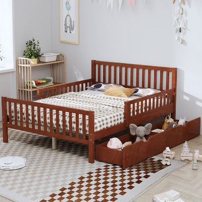 TiramisuBest Full Kids Bed Frame, Toddler Bed with Guardrails and 2 Storage Drawers Solid Wood Platform for Minimalist Bedroom, Brown