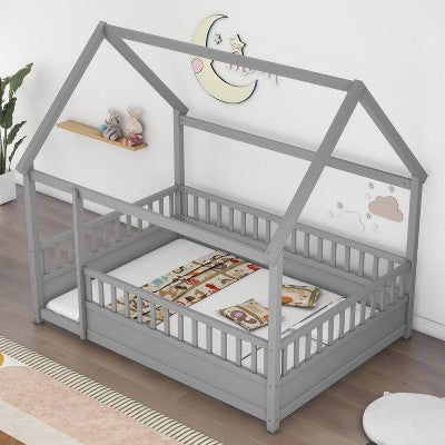 Okak Twin Floor Bed for Toddlers & Kids with Playful House Headboard - Safety Fences, Low-Profile Bed Frame for Nursery to Big Kids Room