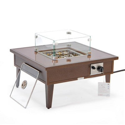 LeisureMod Walbrooke Outdoor Patio Aluminum Square Fire Pit Side Table with 37,000 BTU, Lid and Fire Glass – Modern Outdoor Heating Accent Table