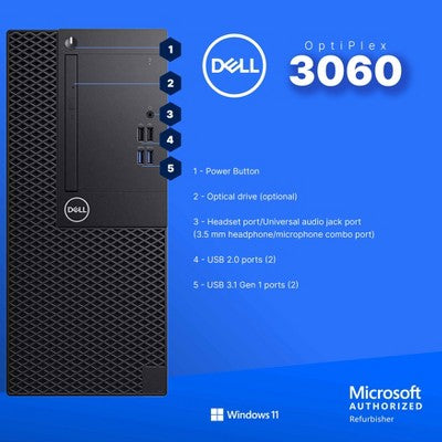 Refurbished Dell Optiplex 3060 Tower Computer-Intel i5-NVIDIAGeForceGT 1030-32GB RAM-250GB NVMe+1TB SSD-Windows 11 Pro-Manufacturer Refurbished
