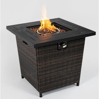 40000BTU 28 Inch Square Propane Gas Fire Pit Table, Patio Outdoor Rattan Fire Table, Wicker Gas Fire Table with Double-Layer Insulation Board