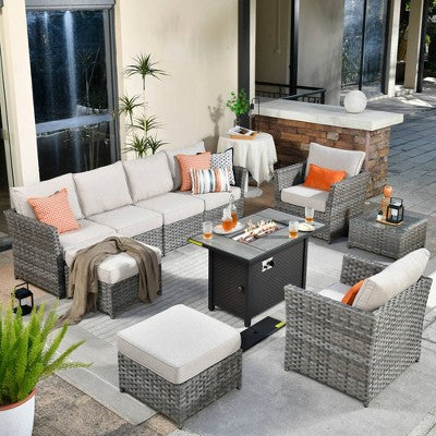 Tenaya 10pc Wicker Outdoor Patio Furniture Set Conversation Sofa with a Metal Fire Pit and Cushions