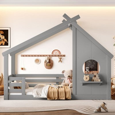Sapphtopaz House Floor Bed Frame for Kid with Roof & Window Solid Wood Platform Bed with Fence for Kids Bedroom, Playroom, Nursery, Black