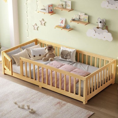 Kumasinova Twin/Full/Queen Toddler Floor Bed,Floor Bed Frame with Safety Guardrails and Door,Montessori Floor Bed Frame for Kids,Wood Slats Support