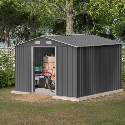Gulches 10X8 FT Outdoor Storage Shed, Metal Foundation & Lockable Doors, Tool Shed for Garden, Patio, Backyard, Lawn, Grey
