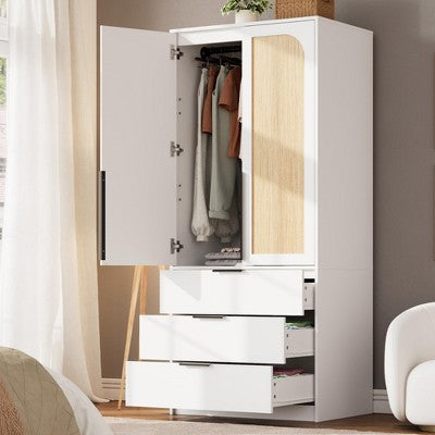 Wardrobe Closet, 69.5" Wooden Wardrobe Cabinet with 3 Drawers, Hanging Rod, 2 Doors Clothing Storage Cabinet