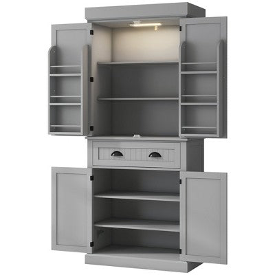 Aghana Digitals 71" Gray Kitchen Pantry Cabinet with Sensor LED Lights, 6 Door Shelves, Drawer & 4
