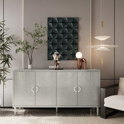 59.84" MDF and Solid Wood Veneer 4-Door Storage Cabinet with Pine Legs, Stylish Design and Versatile Use for Living Room