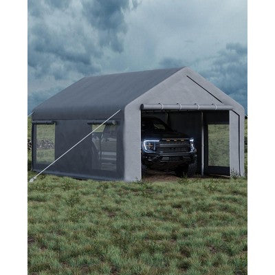 12x20ft Carport with PE Tarp, Roll-Up Doors & 4 Windows for Pickups, SUVs, Boats