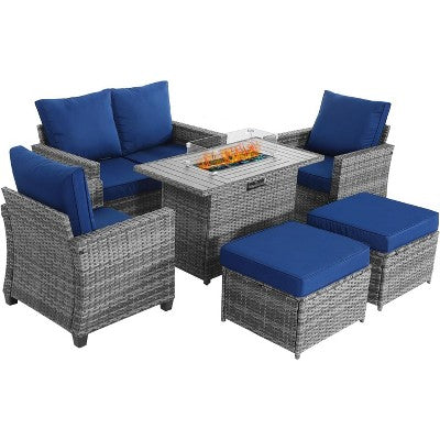 Outdoor Furniture Set with Fire Table 6-Piece, All-Weather Wicker Modular Sofa Set with Blue Cushions for Backyard, Patio