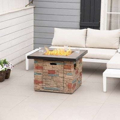 Racxily 32 Inch Outdoor Propane Gas Fire Pit Table, Square Faux Ledge Stone Gas Firepit with Lava Rocks and Rain Cover, Brown