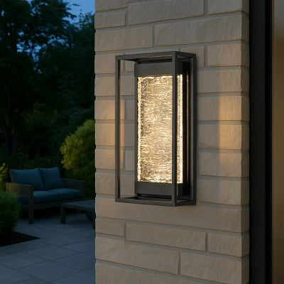 ALOADECOR H15" Modern Outdoor Integrated LED Wall Light with Dusk to Dawn Sensor Matte Black with Textured Glass Wall Lantern for Garage