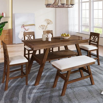 ChicFurnit Dining Set Counter Height Table Set with Storage Shelf Bench and Chairs for Kitchen Dining Room, Brown, 64"*34.25"*6"