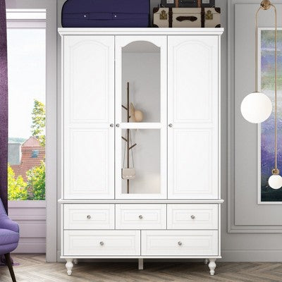 Famapy Wardrobe with Mirror 3 Doors 5 Drawers Classic Style