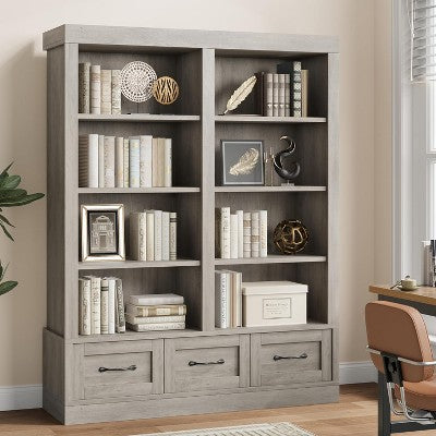 Tall Bookcase with 3 Drawers, Large Double Wide Open Shelf, Wood Storage Shelf for Office Library Living Room, White Finish