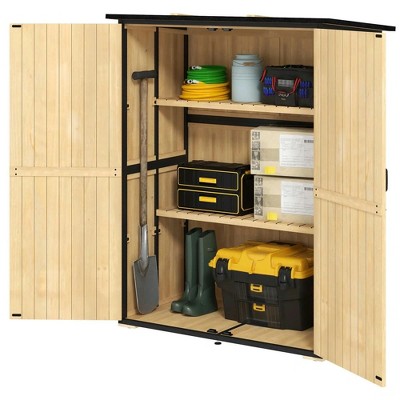 Resenkos Storage Garden Shed,Garden Sheds,Outdoor Garden Shed with Asphalt Roof, 2 Shelves, Lockable Doors and Adjustable Feet, Natural Natural Wood