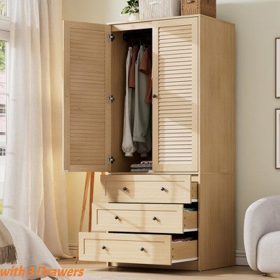 Large Wardrobe Closet w/ Drawers, 69.5" Wooden Wardrobe Cabinet w/ Hanging Rod, 2 Doors Clothing Storage Cabinet for Bedroom Anti-Tipping