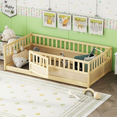 Okak Twin/Full Size Floor Bed Frame, Children's Floor Bed Frame with High Safety Rails & Door, Modern Low Bed Frame for Children's Bedroom