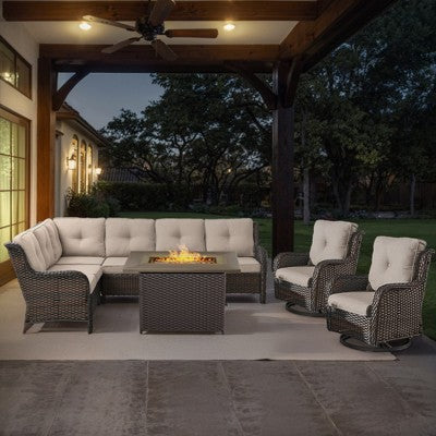 POCASSY Patio Furniture Set With Fire Pit Table, Brown Wicker Outdoor Living Set, Patio Sectional Sofa, Patio Swivel Chair And Propane Fire Pit