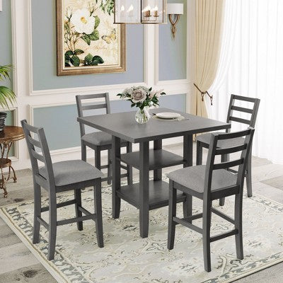 GDFStudio Camille 5 Piece Solid Wood Counter Height Dining Set with Storage Shelf