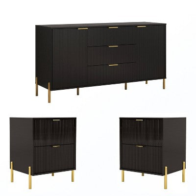 Festivo 3pc Modern Elegance 2 Drawer Nightstands and 3 Drawer Dresser Set Black