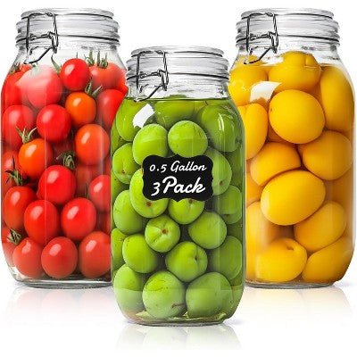 0.5-gallon large glass jars with lids, set of 3 large Mason jars, glass jars with sealing lids, suitable for kitchen。
