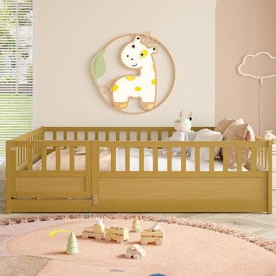 Lyngins French Twin Size Bed Frame, Children's Floor Bed Frame with Super High Security Barrier & Door, Montessori Wooden Toddler Bed, Support Slat