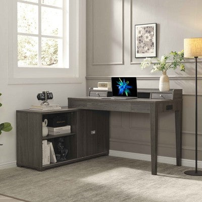 MOEPISY L-Shaped Workstation Home Office Desk Grey Mini Hutch Return Credenza Sliding Door Aluminum Metal Hardware