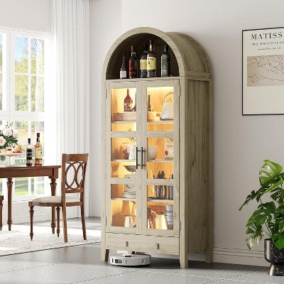 71" Arched Pantry Cabinet with LED, Modern Farmhouse Kitchen Storage, Adjustable Shelves, Hidden Drawer, Glass Door, for Dining Room or Kitchen