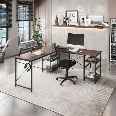 CAVINAS L-Shaped Computer Desk, Modern Minimalist Office Desk with Tempered Glass Top and Pull Out Keyboard Panel, Corner Desk for Home Office
