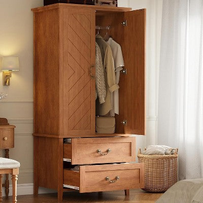 71" V Shape Armoire Wardrobe Closet with 2 Doors & Drawers,Large Space & Thick Sturdy Frame with Hanging Rod