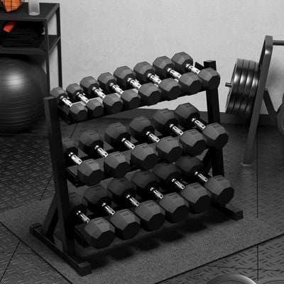 550LB Rubber Hex Dumbbell Set (5-50LB) with Black Rack - Textured Chrome Handles, Rubber Coating for Home Gym Strength Training