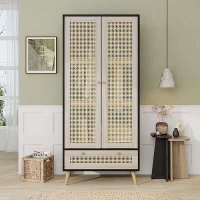 ORRD 70.8" Tall Rattan Armoire Wardrobe with Hanging Rod & Drawer, Boho Storage Closet for Bedroom, Natural + Black