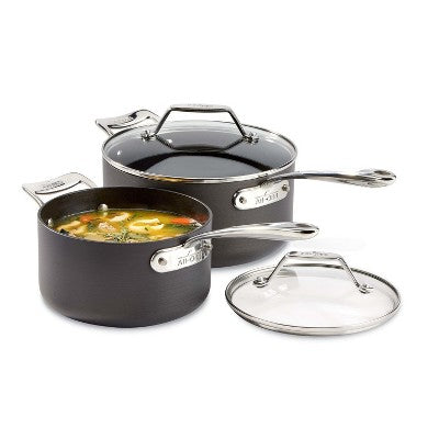 All-Clad 2.5 & 4 Quart Nonstick Sauce Pan Set with Lids, Essentials Hard Anodized Cookware, Black