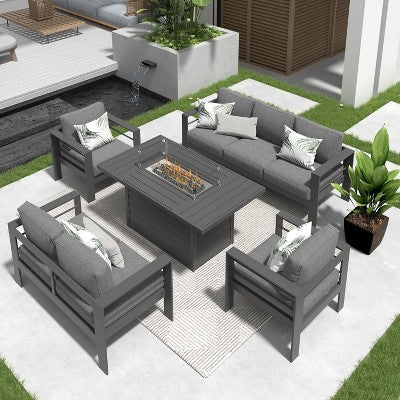 Heynemo Aluminum Patio Furniture Set with Fire Pit Table, 5 Piece Outdoor Furniture with Cushions for Balcony, Front Porch, and Backyard