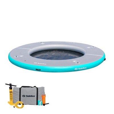 Solstice 10 Foot Inflatable 7 to 10 Person Circular Mesh Dock Floating Island Platform w/ Removeable Center, Cup Holders, Handles, Carry Bag, and Pump