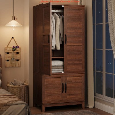 Clothes Armoire Wardrobe Closet w/ 4 Doors,72 in Wooden Wardrobe Cabinet w/ Hanging Rod, Freestanding Tall Clothing Armoire Cabinet