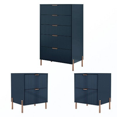 Festivo 3pc Modern Elegance 2 Drawer Nightstands and 5 Drawer Chest Set Navy