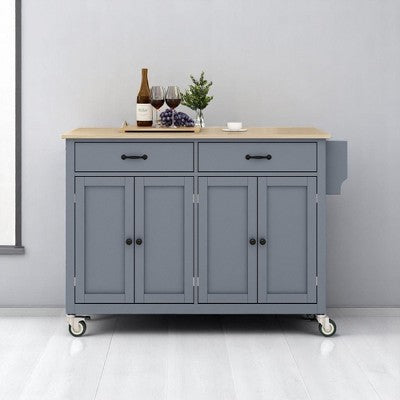 Mobile Kitchen Island Cart with Solid Wood Top, 4-Door Cabinet, 2 Drawers, Adjustable Shelves, Spice & Towel Rack, Locking Wheels, Storage
