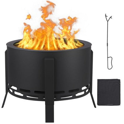 26 Inch Smokeless Fire Pit Outdoor-Outside Wood Burning with 360°Airflow, Removable Ash Pan & Bamboo Lid Rainproof Cloth - Low Smoke Backyard Fire Pit