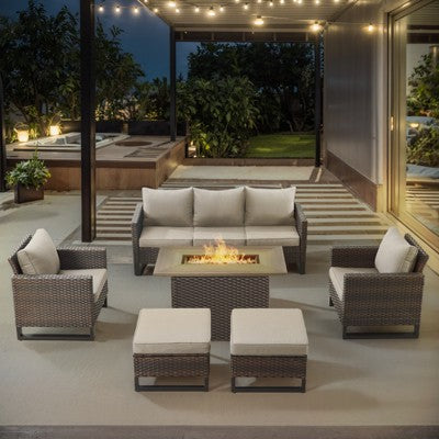 POCASSY 6PCS Patio Sectional Furniture Set with Fire Pit Table, All Weather Brown Wicker Sofa Couch, Patio Chairs and 41" Propane Fire Pit