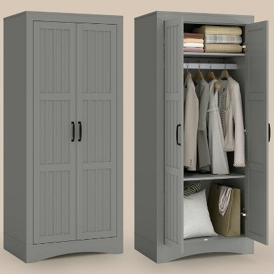 TiramisuBest Wardrobe Armoire, 2-Door Closet with Drawers & Hanging Rod, Twill Wooden Storage Cabinet, Modern White, 20.4"D x 31.5"W x 76.77"H